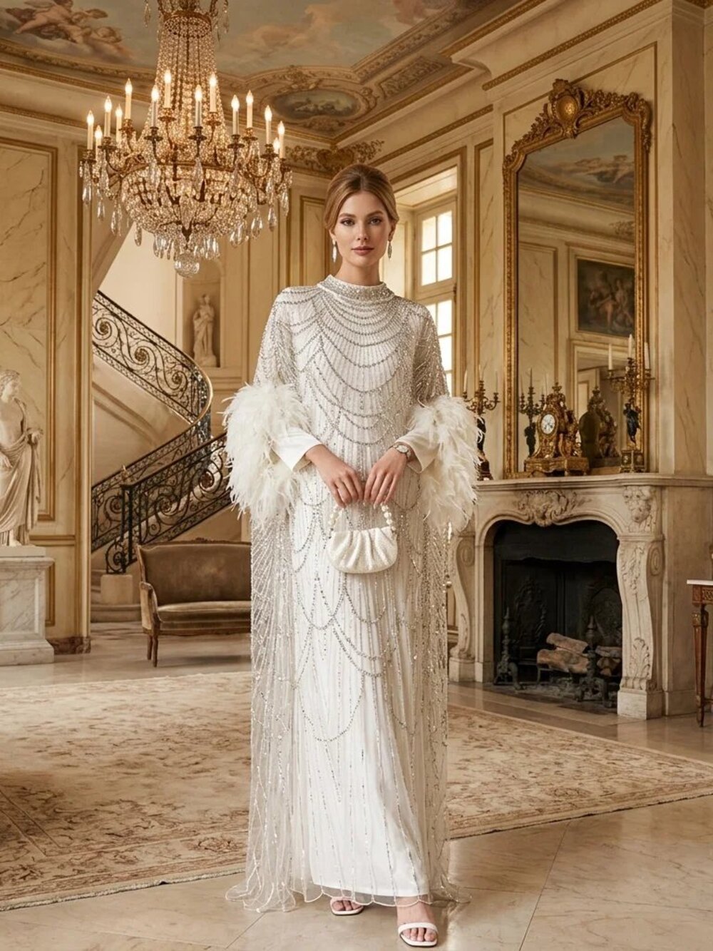 Gorgeous Beaded Bridal Gown Couture Designer Rhinestones Wedding Feathers Dress